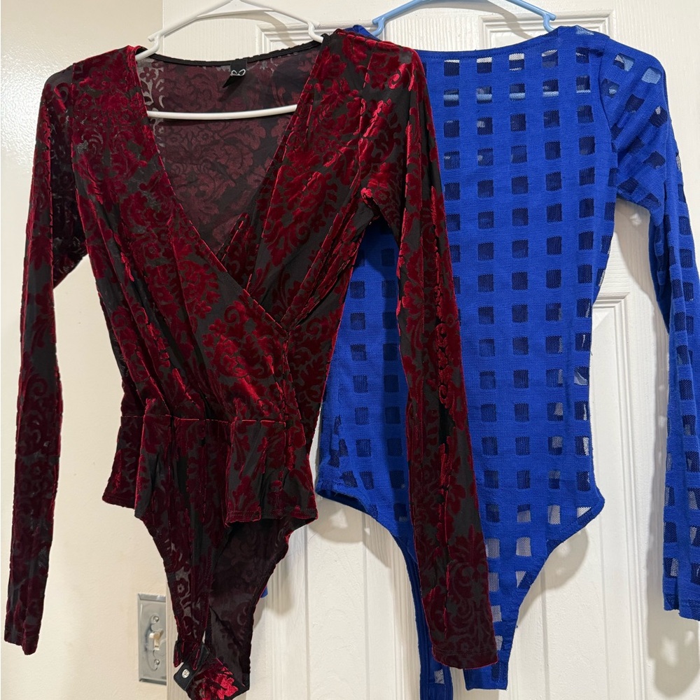 Windsor Red Velvet and Blue Mesh Bodysuit Duo Size Small